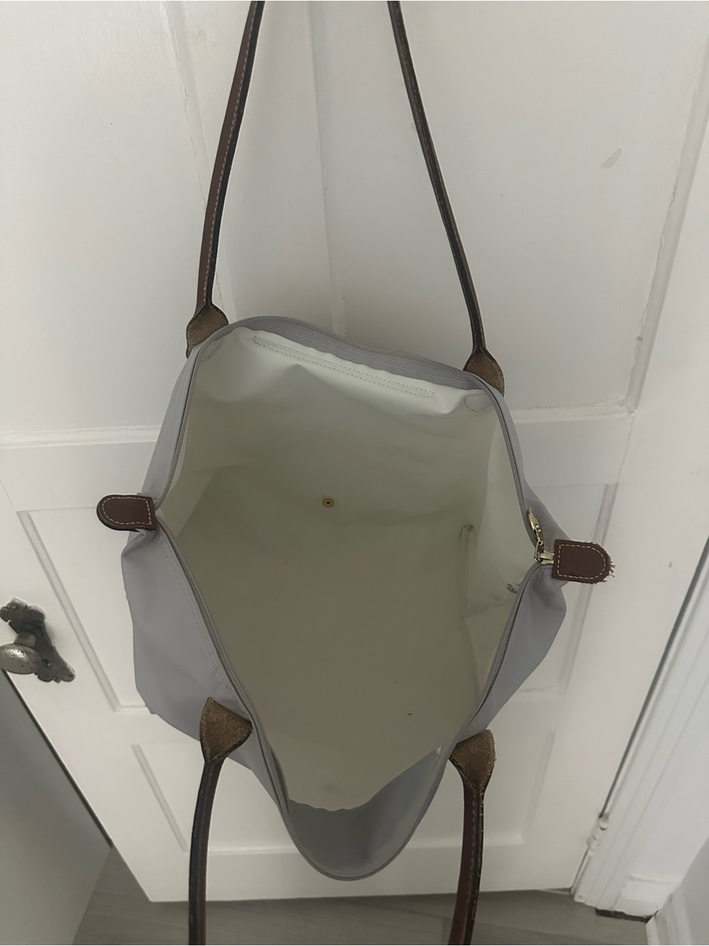 Longchamp Le Pliage Tote Bag - Grey with Brown Trim - Picture 7 of 8